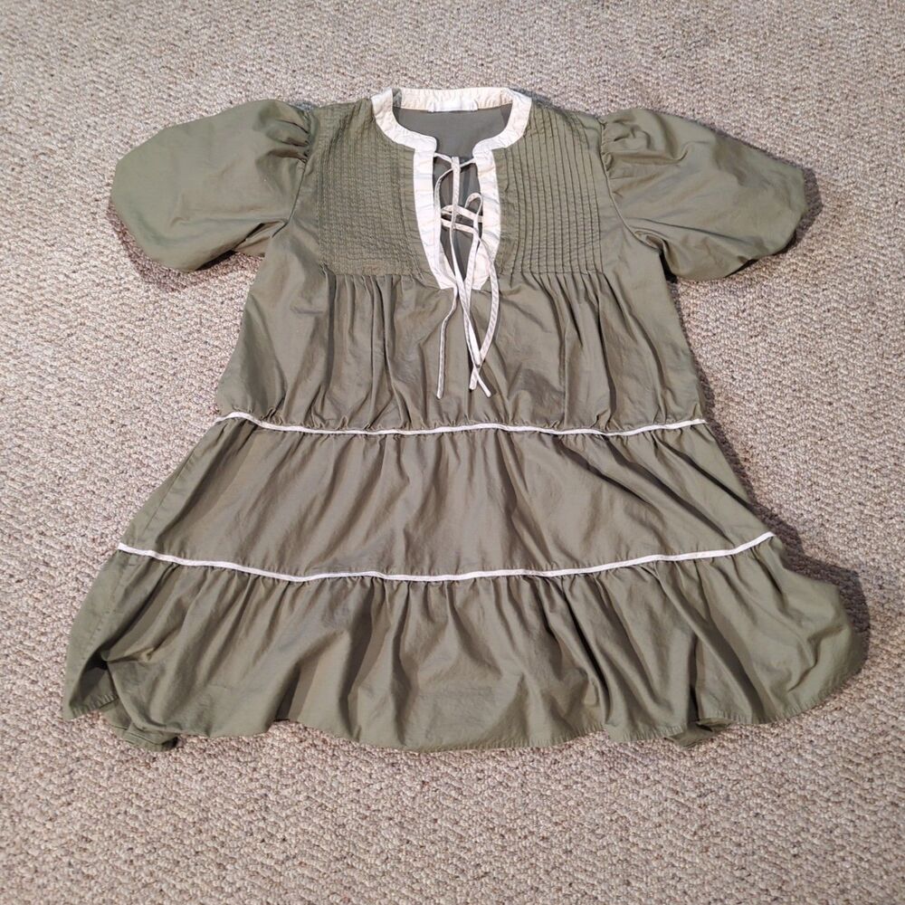 In The Beginning Tiered Mini Dress Large Green Cottagecore Prairie Smocked Puff